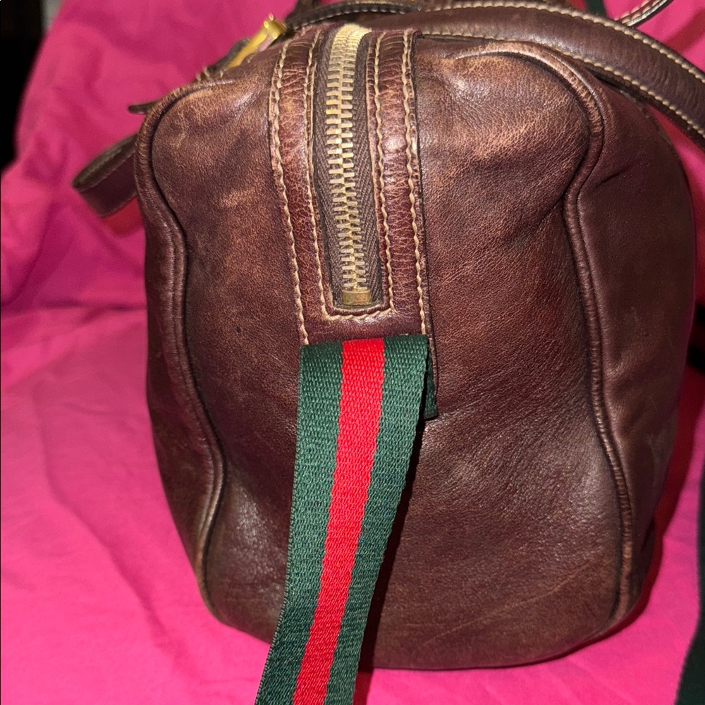 Gucci Brown Leather Duffel Bag with Green and Red Accents - Picture 4 of 16